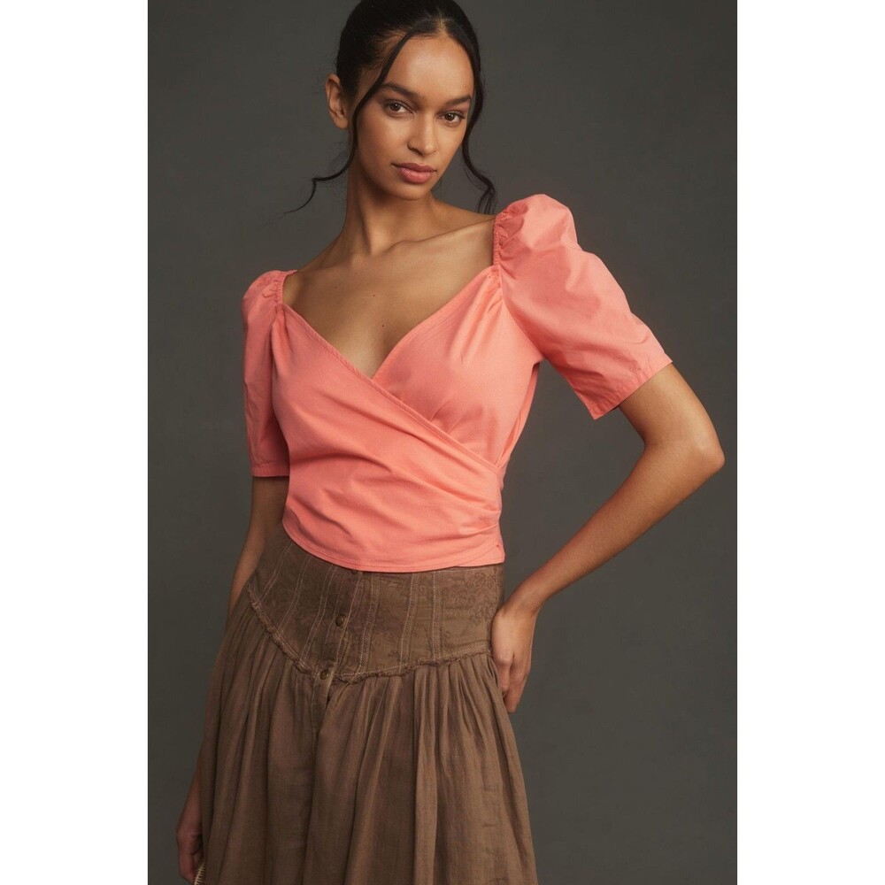 By Anthropologie Puff-Sleeve Wrap Blouse Cropped Top V Neck Pink XXS NWT 280154
